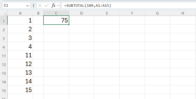 An Excel worksheet with 1 to 15 in cells A1 to A15, though cells A5 to A10 are hidden. The SUBTOTAL formula excludes those hidden cells.