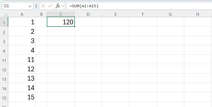 An Excel worksheet with 1 to 15 in cells A1 to A15, though cells A5 to A10 are hidden. The SUM formula includes those hidden cells.