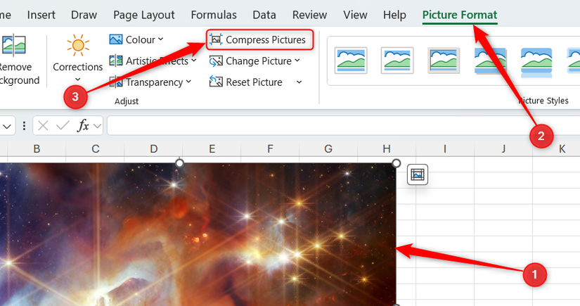 An image in Excel is selected, and Compress Picture in the Picture Format tab is highlighted.