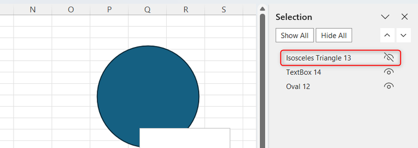 Hình 9: Một hình tam giác cân trong Excel bị ẩn thông qua Bảng Chọn.