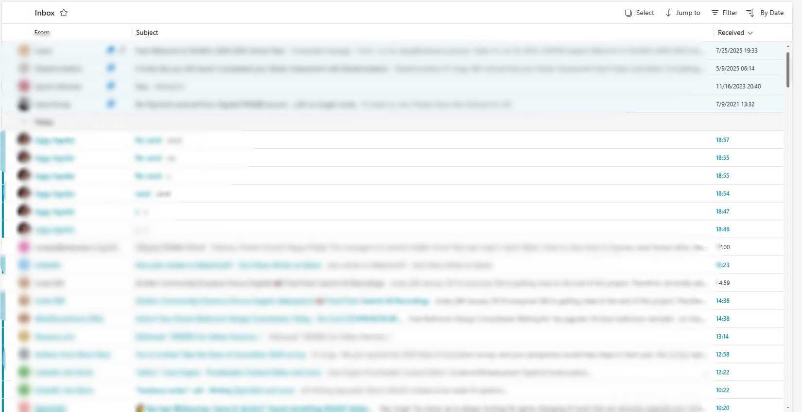 An Outlook page with emails blurred out