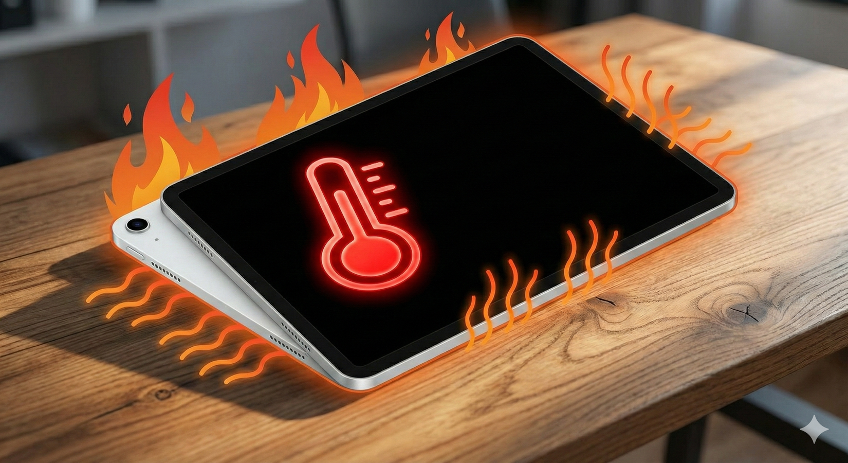 An overheating ipad on a desk with graphical elements generated using Gemini.