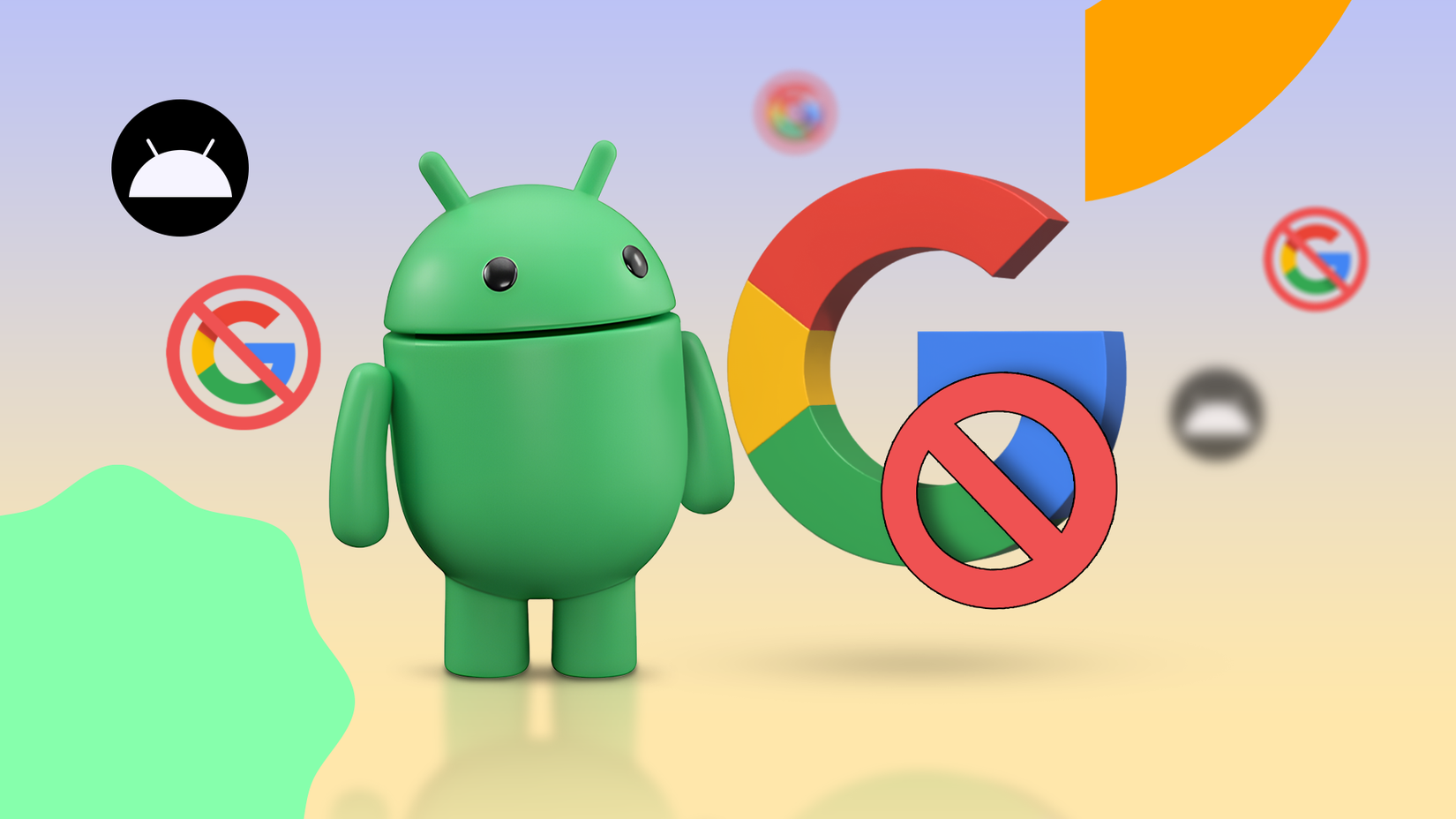 Android macot standing next to a large, crossed-out Google logo.