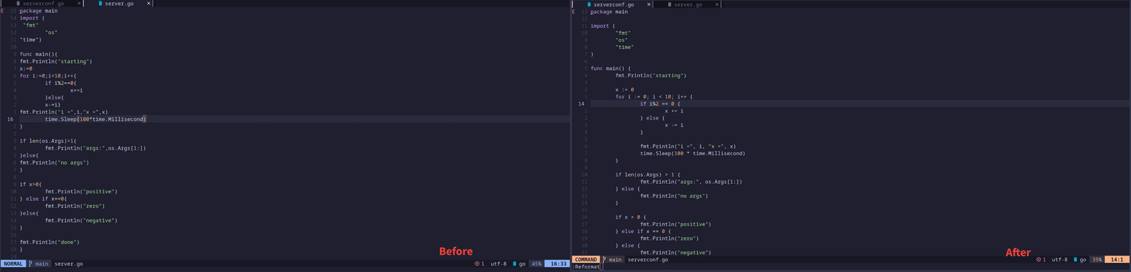 captura de tela de antes e depois de usar o plugin conform no Neovim