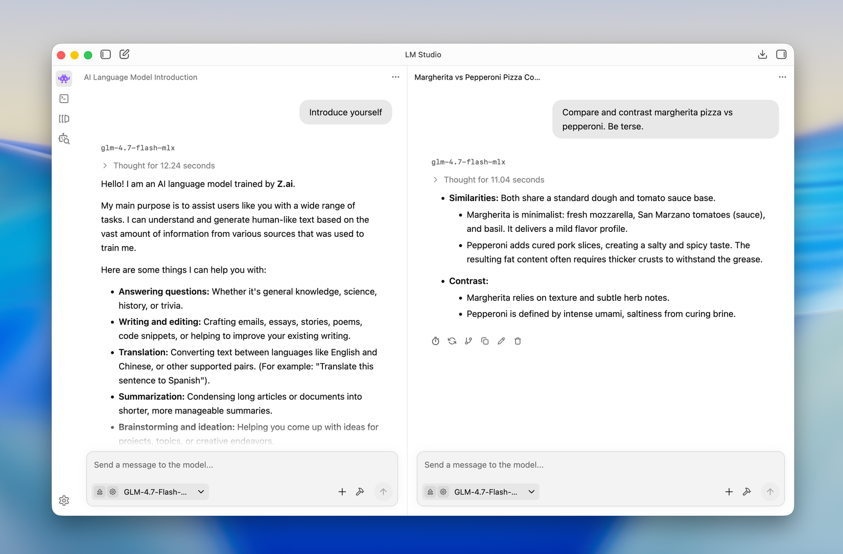 Screenshot of LM Studio with two open chats