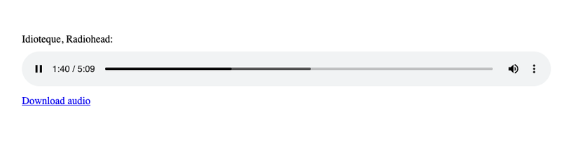 Um elemento de áudio HTML, exibido em um navegador, inclui um botão de pausa, tempo, progresso e controles de volume.