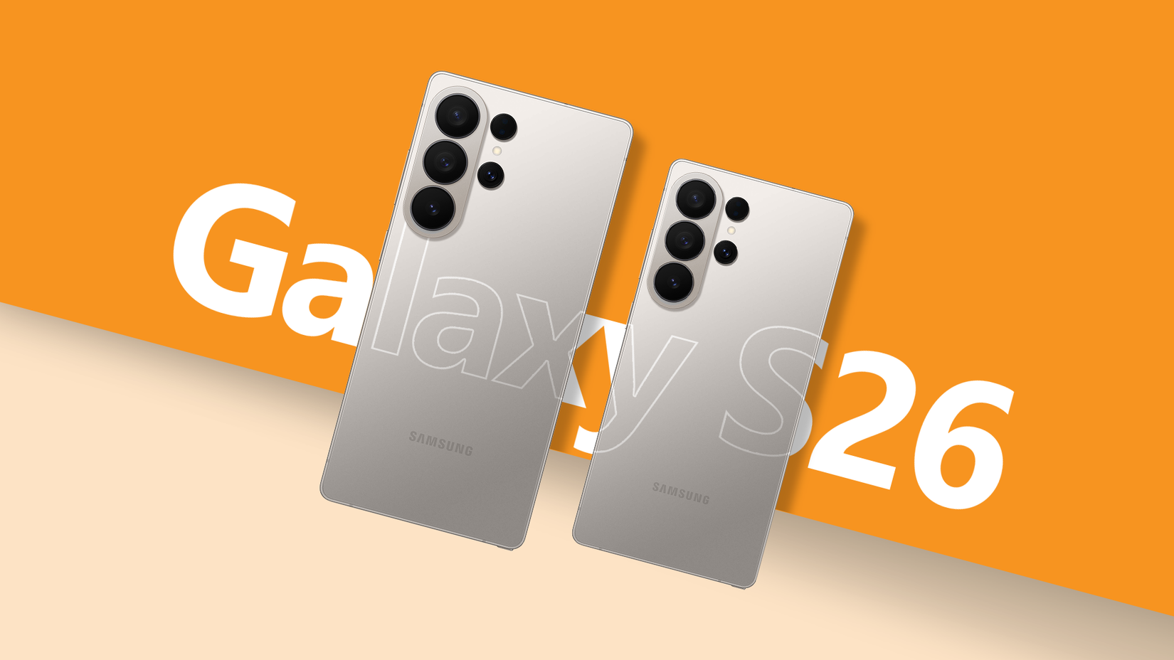Back view of a Samsung Galaxy S26 Ultra and the smaller base model standing side-by-side against an orange background