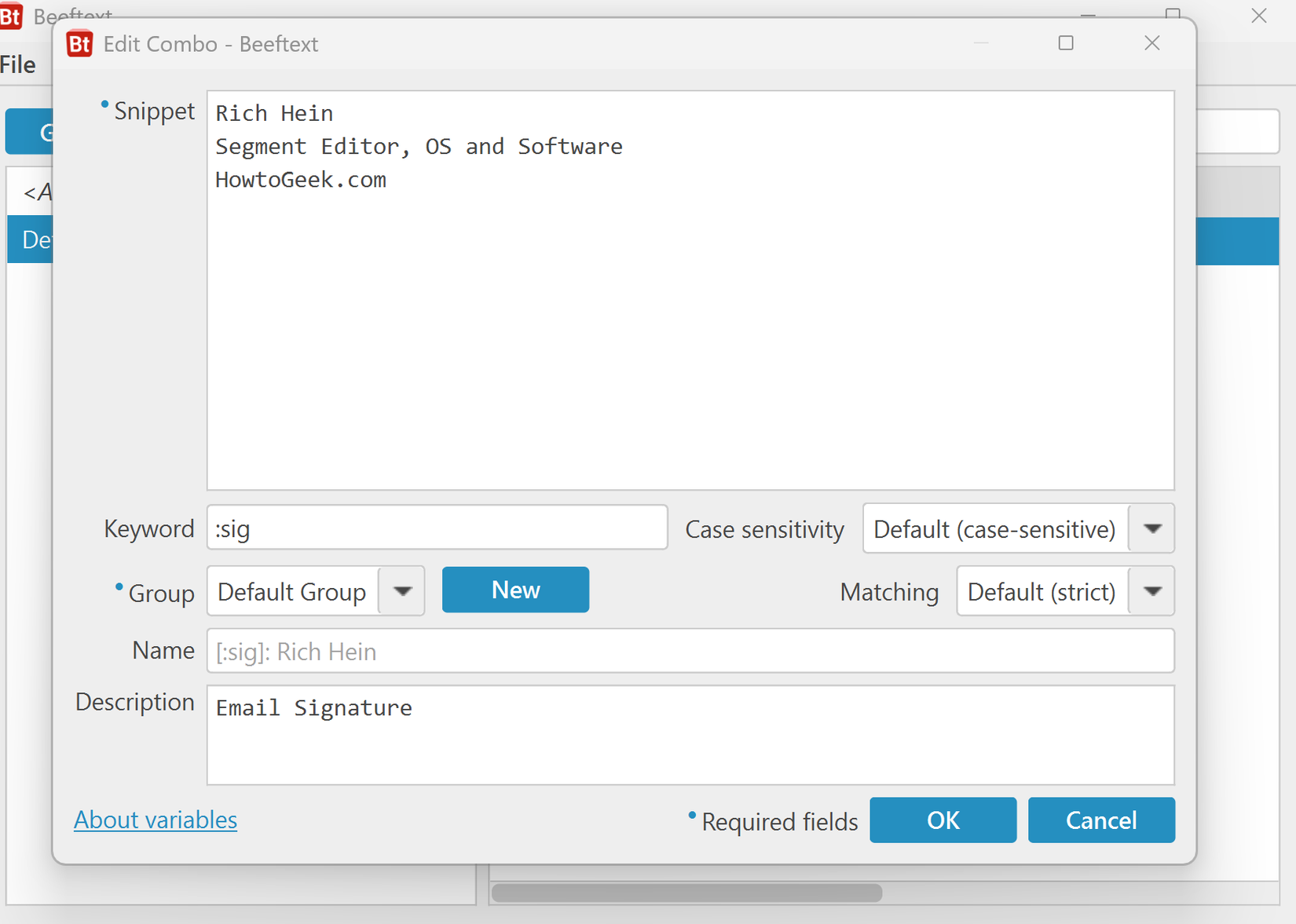A screenshot of Beeftext text expansion app, open to the configuration page. 