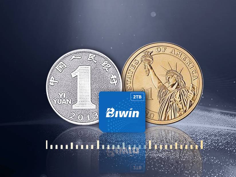 The Biwin Mini SSD in front of dollar and yuan coins.