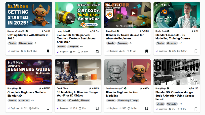 Resultados de búsqueda de cursos de Blender en Skillshare.