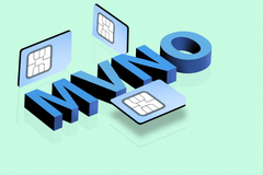 Blue 3D text spelling 'MVNO', with some SIM cards beside it