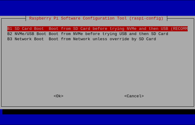 Boot order setting in raspi-config for Raspberry Pi OS.