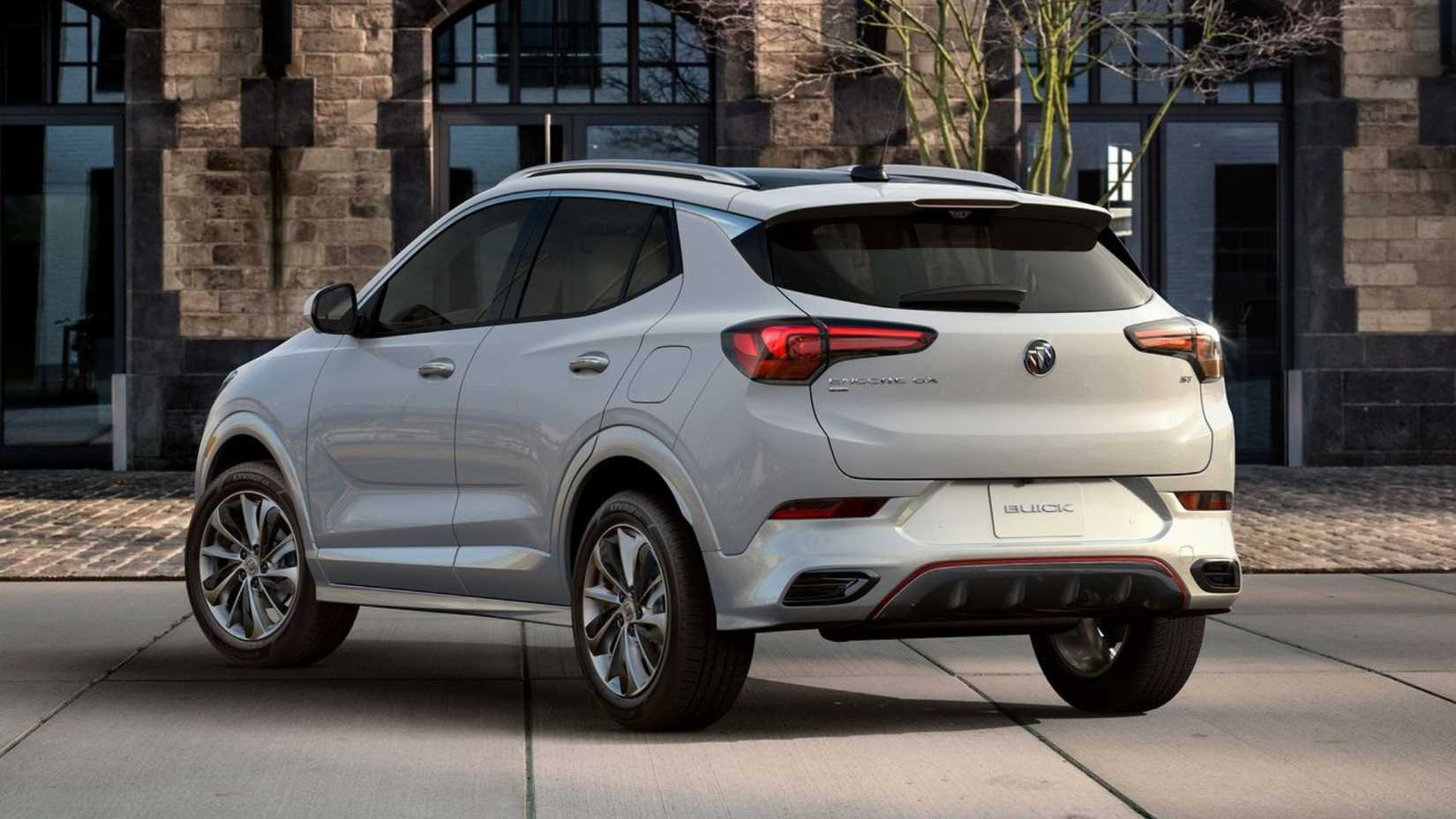 Static rear 3/4 shot of a silver 2020 Buick Encore GX.