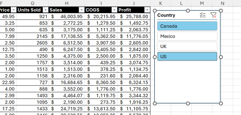 Canada and US are selected in an Excel slicer to filter the country column by these two nations.