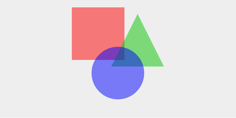 Um elemento de tela que exibe exemplos de funções de desenho com um quadrado vermelho, um triângulo verde e um círculo azul ligeiramente sobrepostos. 