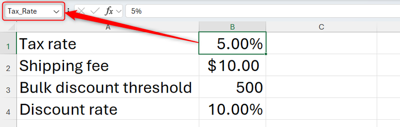 Hình 5: Ô B1 trong một bảng tính Excel được đổi tên thành Tax_Rate trong hộp tên.