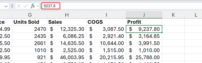 Hình 23: Ô J2 trong một trang tính Excel được chọn và thanh công thức hiển thị 9237.8.