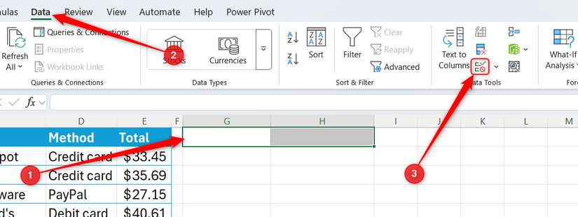 Image 29: Các ô G1 và H1 trong một trang tính Excel được chọn, và nút Data Validation được làm nổi bật.
