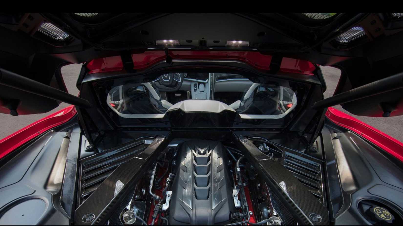 Close-up shot of the engine in a 2020 Chevrolet Corvette C8 Stingray.