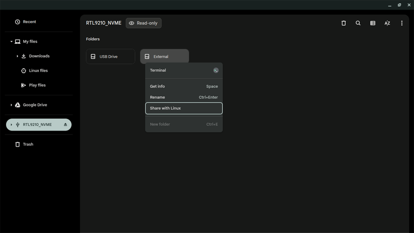 ChromeOS files app showing share with Linux dialogue box