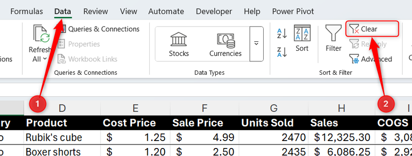Clear is selected in the Sort and Filter group of the Data tab in Excel's ribbon.