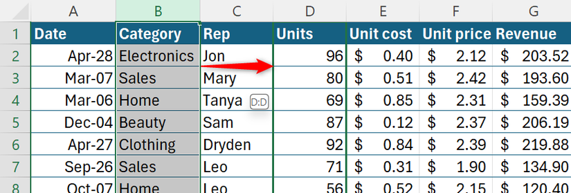 Column B of an Excel table is selected, and the right-click-drag action is performed to place it over column D.