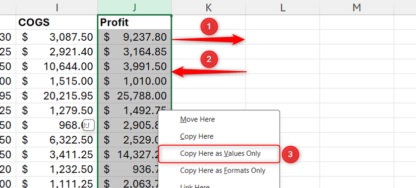 Hình 28: Cột J trong Excel được di chuyển sang phải rồi sang trái bằng cách nhấp chuột phải để hiển thị tùy chọn thay thế công thức bằng giá trị.