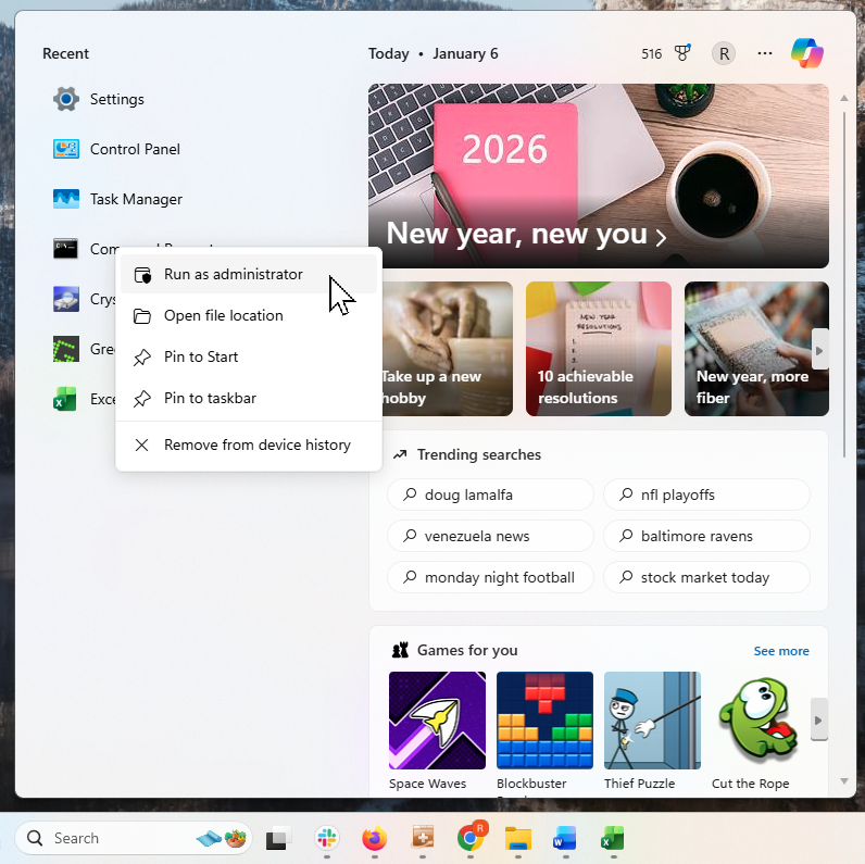 A screenshot of the Windows 11 start menu with the command prompt context menu open.