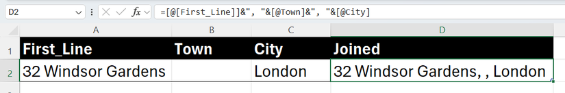 Объединение в Excel — двойная запятая из-за пустой ячейки.