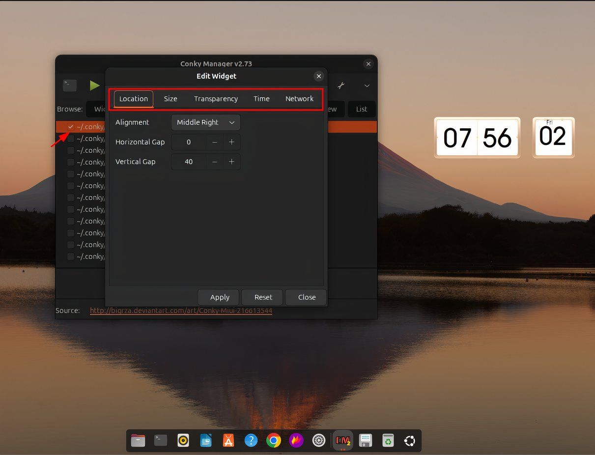 Conky Manager2 settings showing how to customize widgets