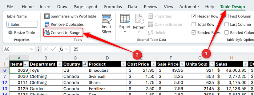 Chọn Convert to Range trong tab Table Design của Excel.