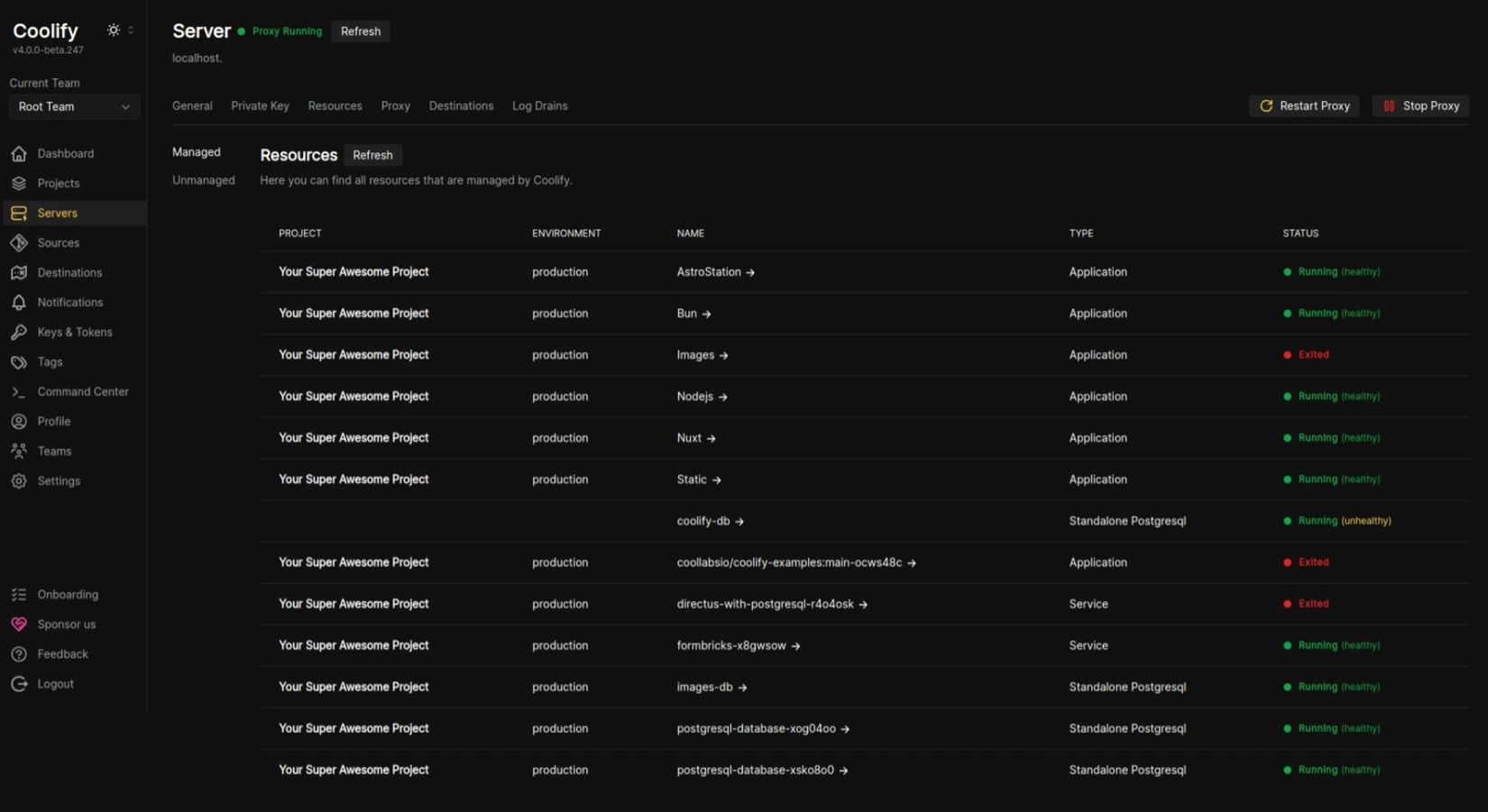 Coolify dashboard displaying project deployments.