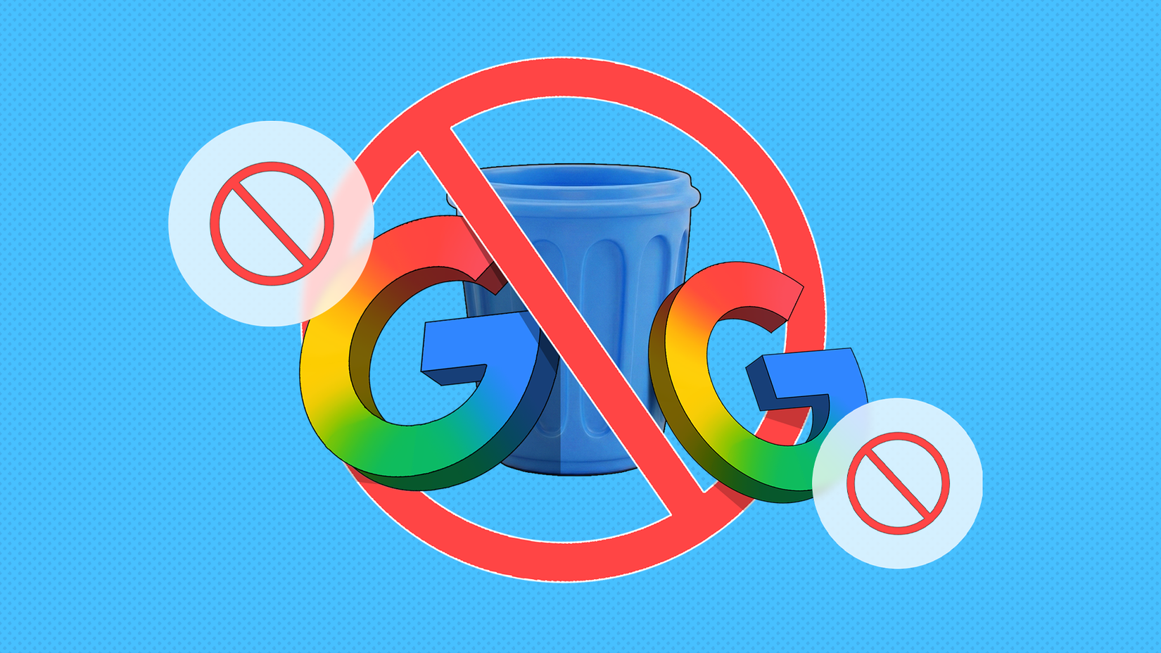 Crossed-out Google logo in front of a recycle bin.