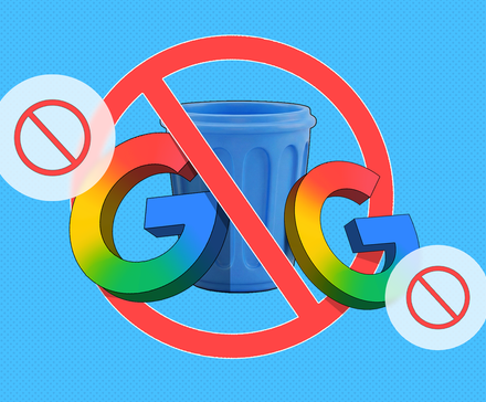 Crossed-out Google logo in front of a recycle bin.