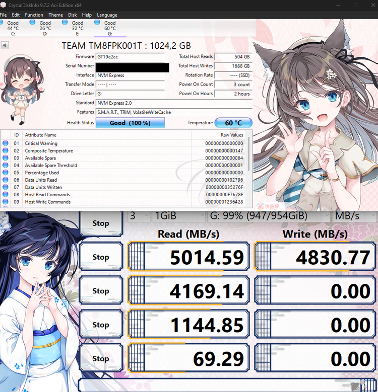 CrystalDiskInfor e CrystalDiskMark rodando em paralelo.