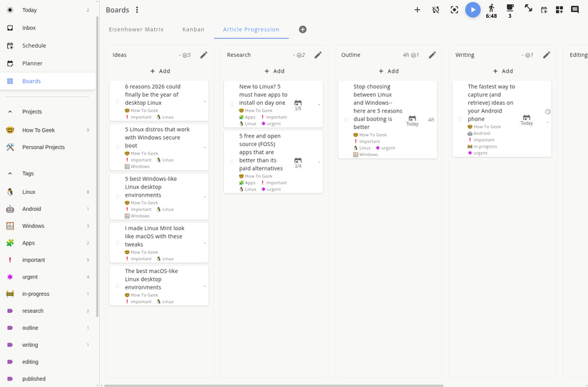 Custom made Aricle Progression Kanban board in Super Productivity app.