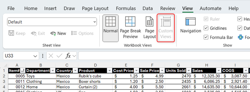 Custom Views is grayed out in the View tab of Excel's ribbon.