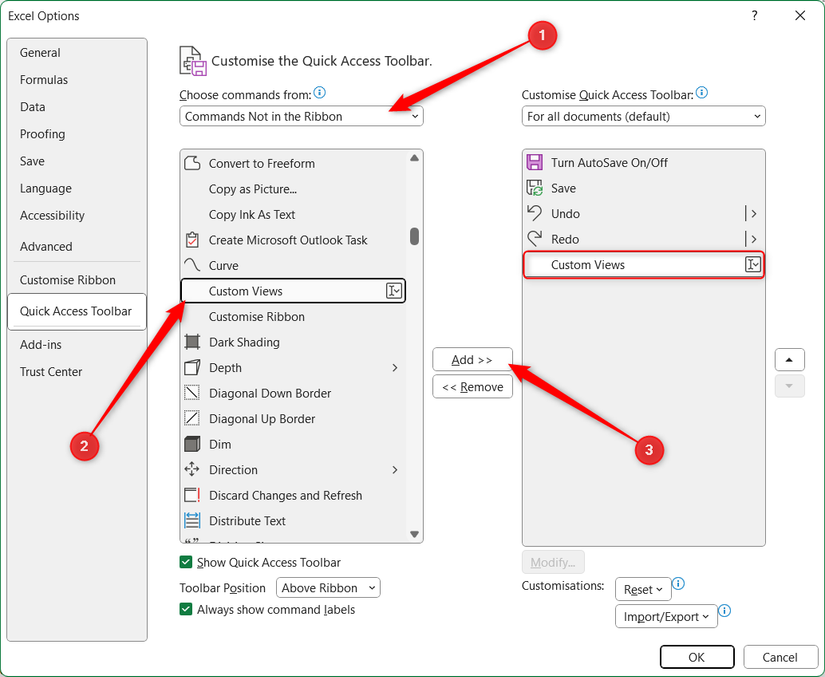 Custom Views được thêm vào menu bên phải trong hộp thoại Excel Options.