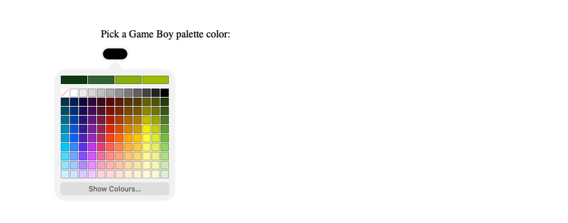 Um seletor de cores HTML, usando o elemento datalist, mostra uma seleção de cores sugeridas.