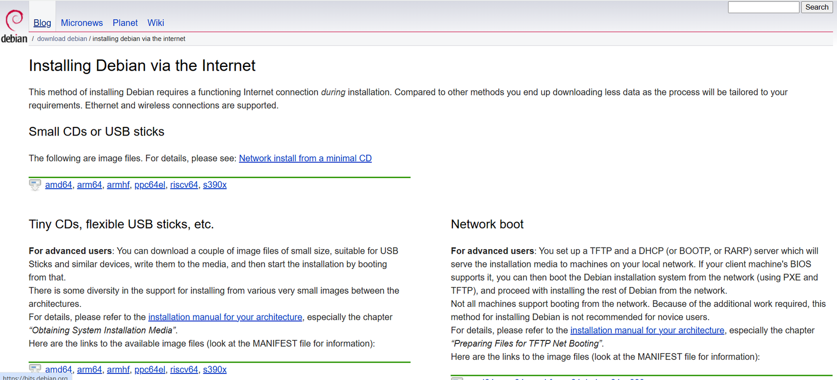 Debian stable "netinst" download page.