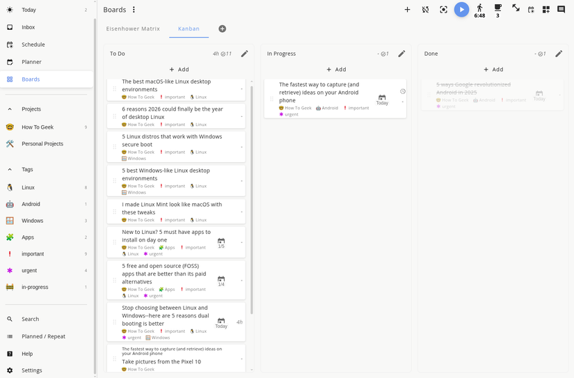 Default Kanban board in the Super Productivity app.