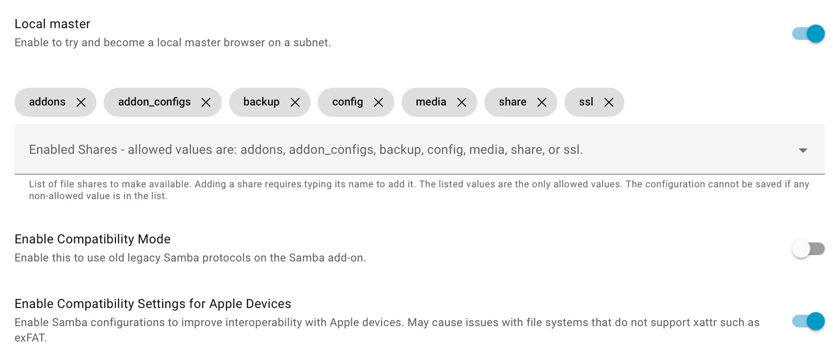Default settings for Samba share add-on in Home Assistant.