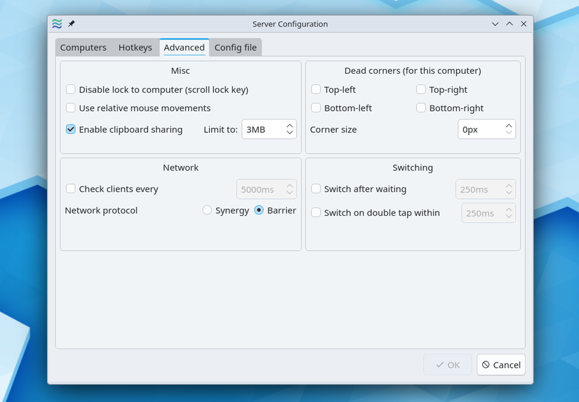 Configurações do servidor Deskflow.