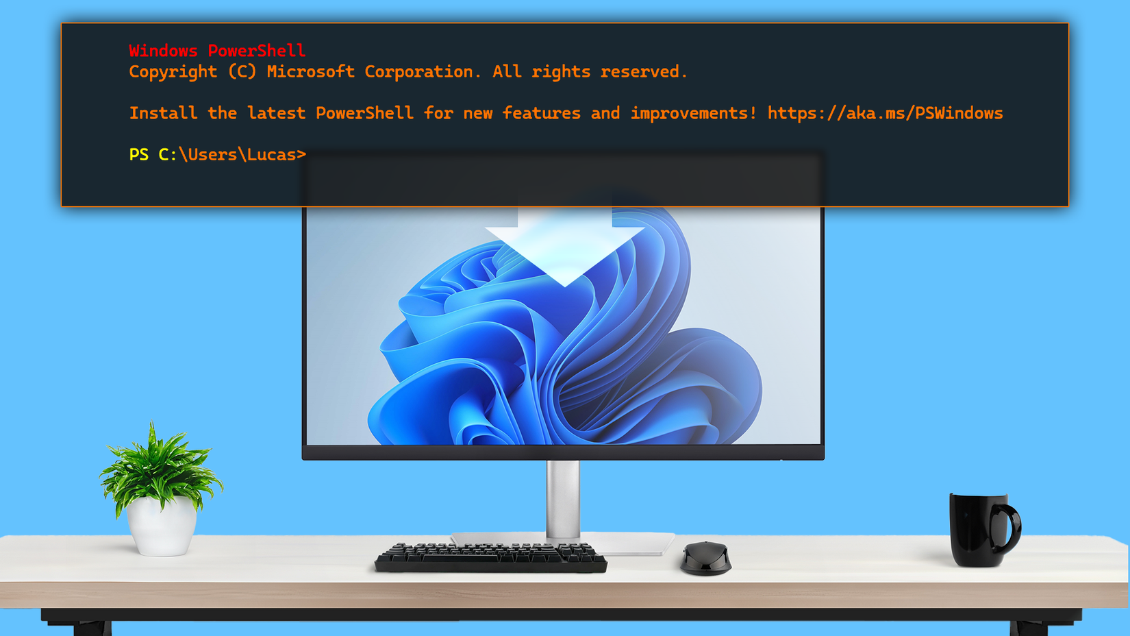 Desktop monitor with Windows 11 wallpaper and a Windows PowerShell terminal window dropping down from the top.