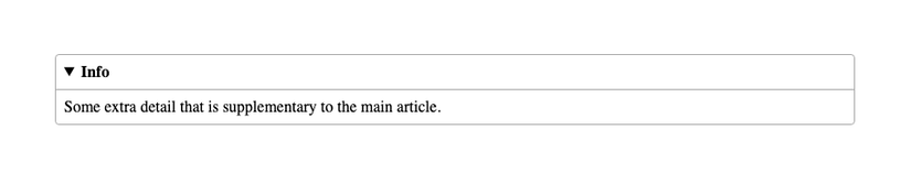 Элемент HTML details: заголовок с иконкой стрелки вниз, при раскрытии появляется дополнительный текст.