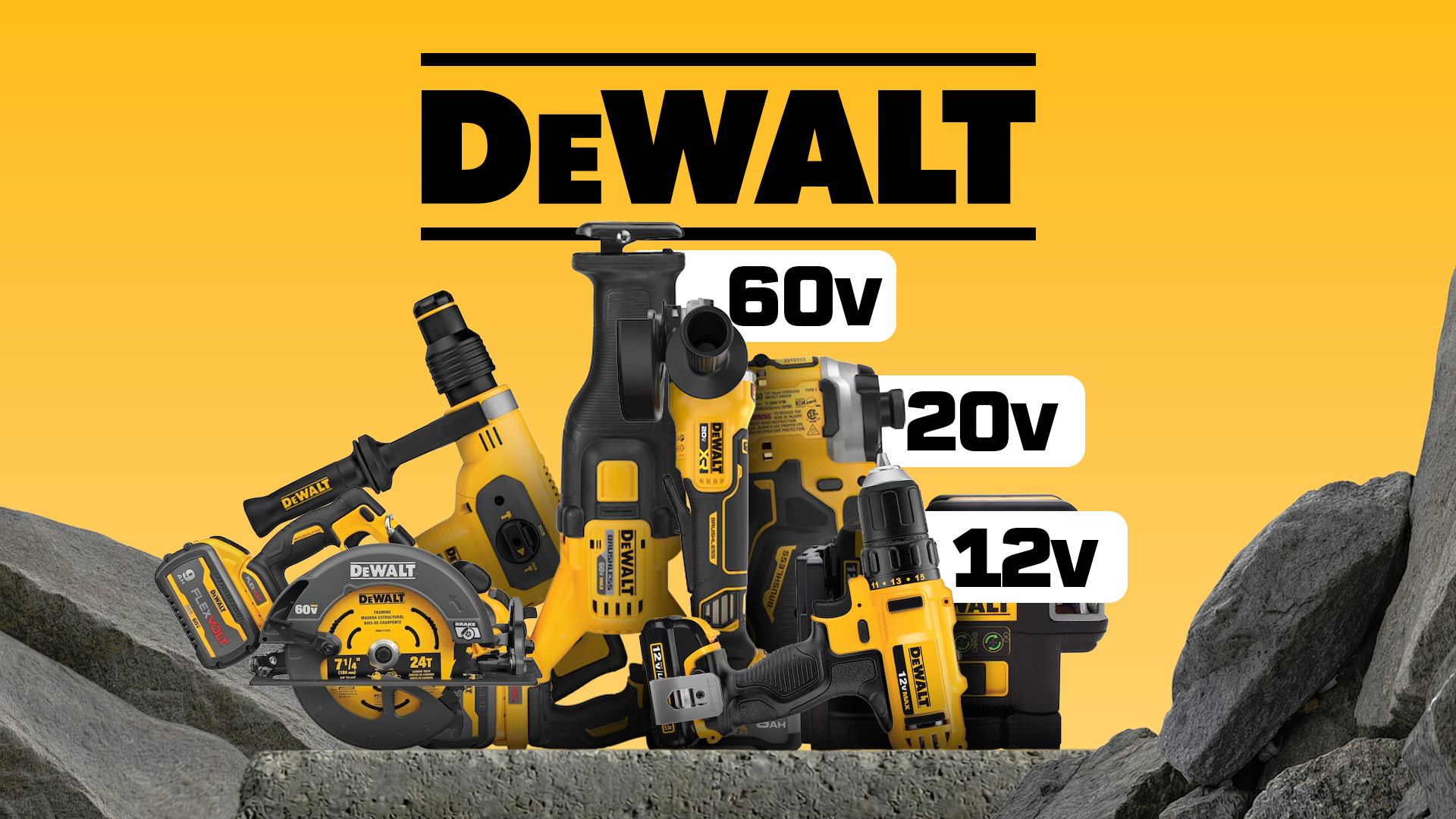 Электроинструменты DeWALT с маркировкой 12V, 20V и 60V на жёлтом фоне.
