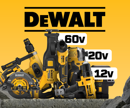 Электроинструменты DeWALT с маркировкой 12V, 20V и 60V на жёлтом фоне.