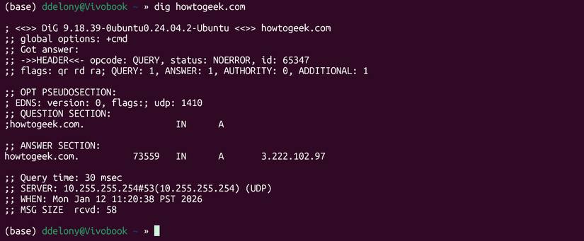Output of the Linux Dig command in howtogeek.com's WSL.
