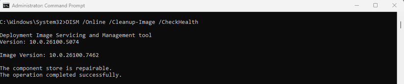 A screenshot of Windows 11 command prompt showing the results of a DISM checkhealth command.