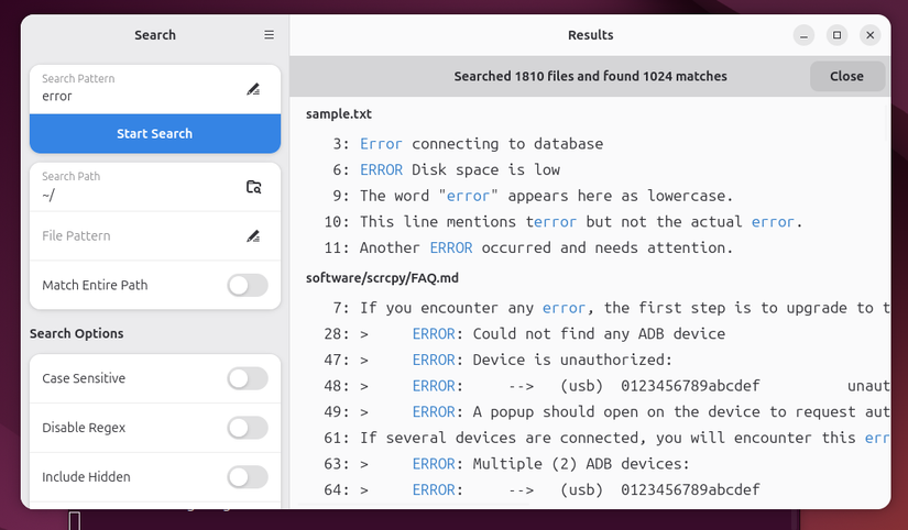 Doing a basic word search in Clapgrep.